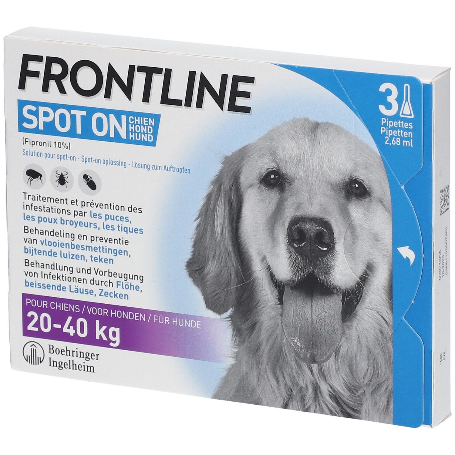 Boîte Frontline Spot On pour chiens 20-40 kg. Contient 3 pipettes. Image d'un chien. Inscription en plusieurs langues.