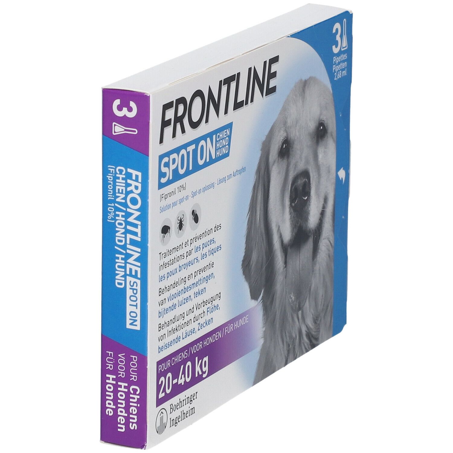 Boîte Frontline Spot On inclinée, pour chiens 20-40 kg. Contient 3 pipettes. Image de chien. Texte multilingue.