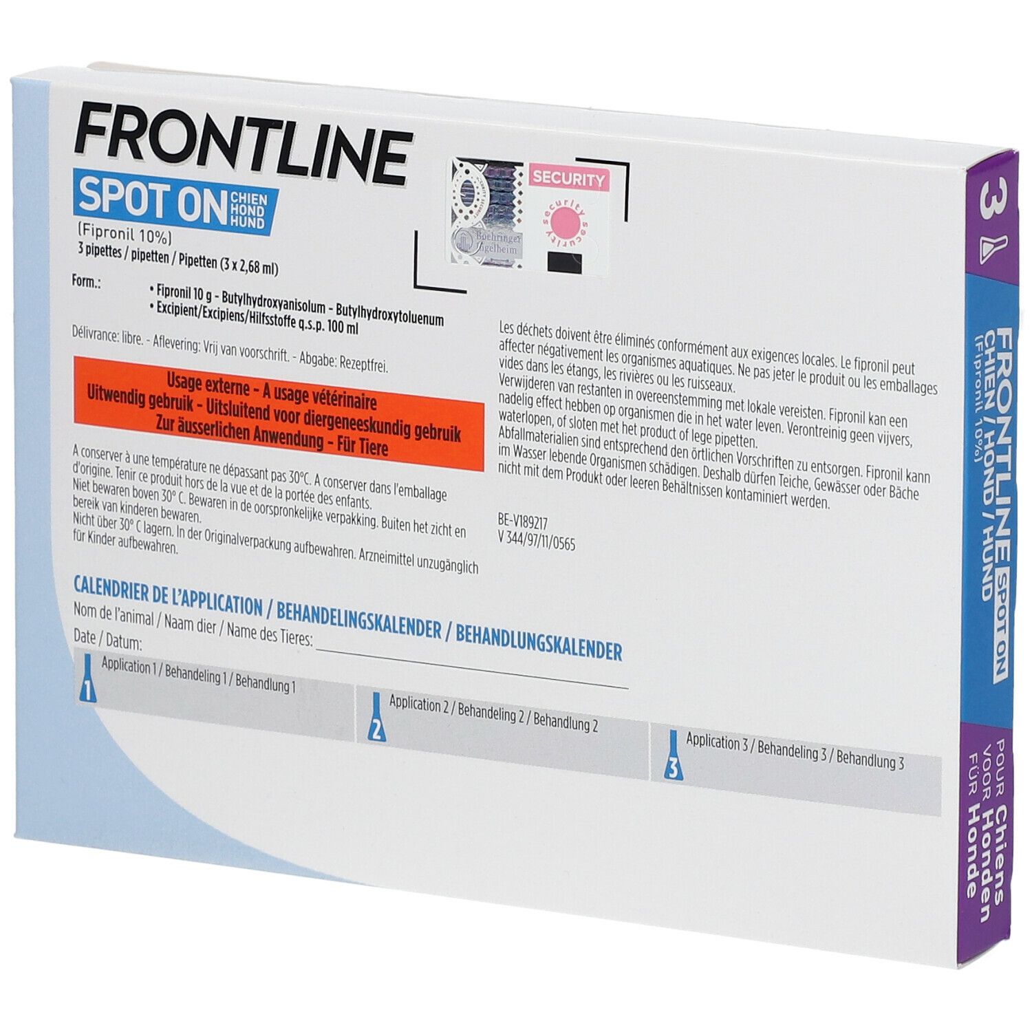 Dos de la boîte avec informations produit. Contient informations d'utilisation et ingrédients. Texte multilingue.