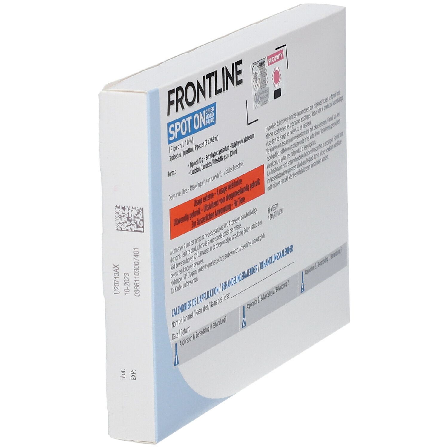 Boîte inclinée avec informations produit. Contient informations d'utilisation et ingrédients. Texte multilingue.