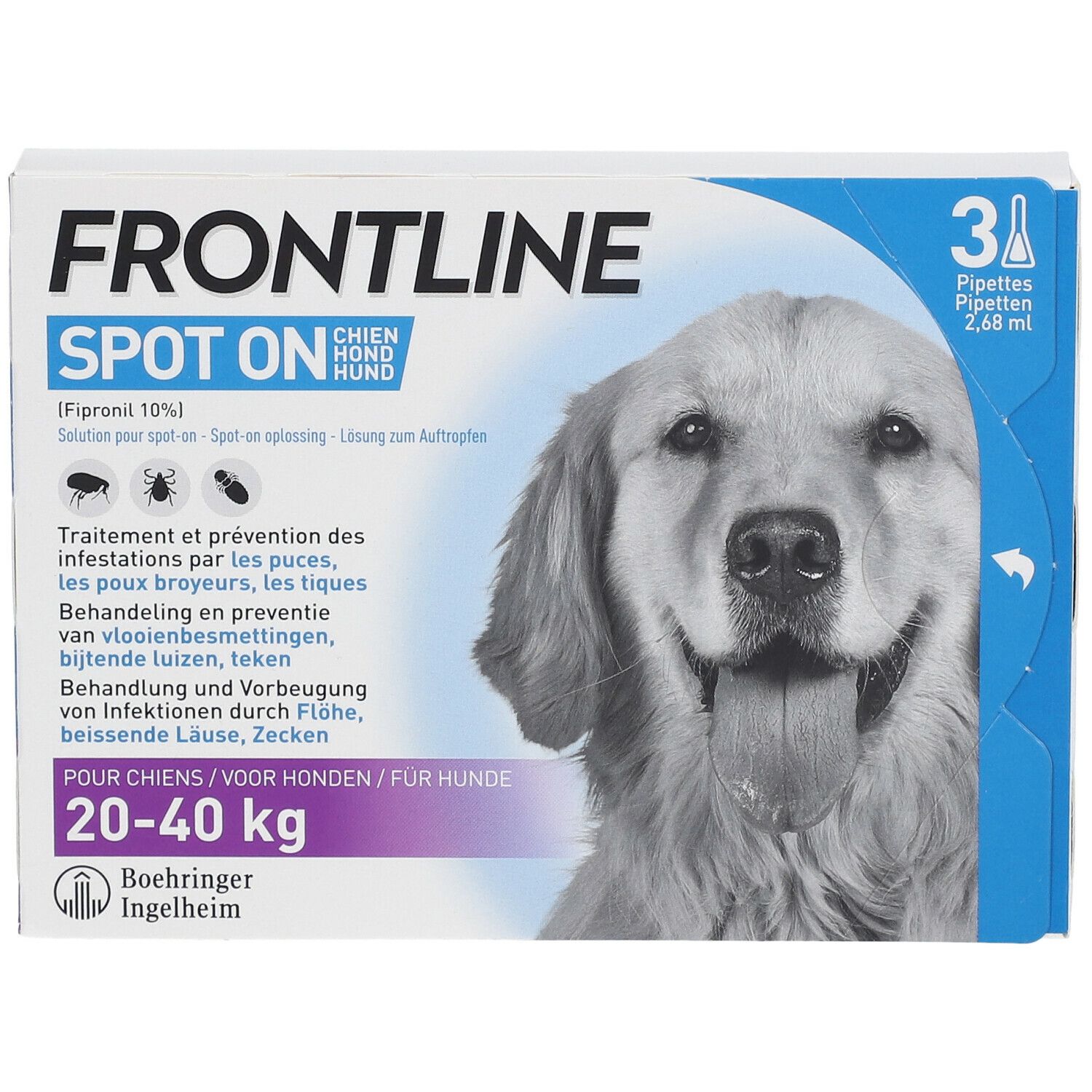 Boîte Frontline Spot On pour chiens 20-40 kg. Contient 3 pipettes. Image d'un chien. Inscription en plusieurs langues.