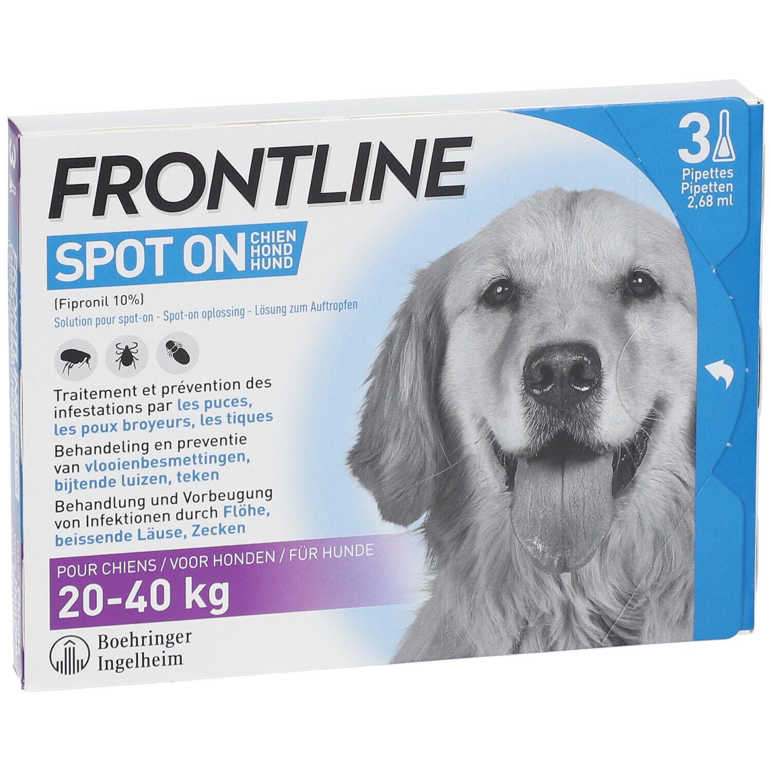 Boîte Frontline Spot On pour chiens 20-40 kg. Contient 3 pipettes. Image d'un chien. Inscription en plusieurs langues.