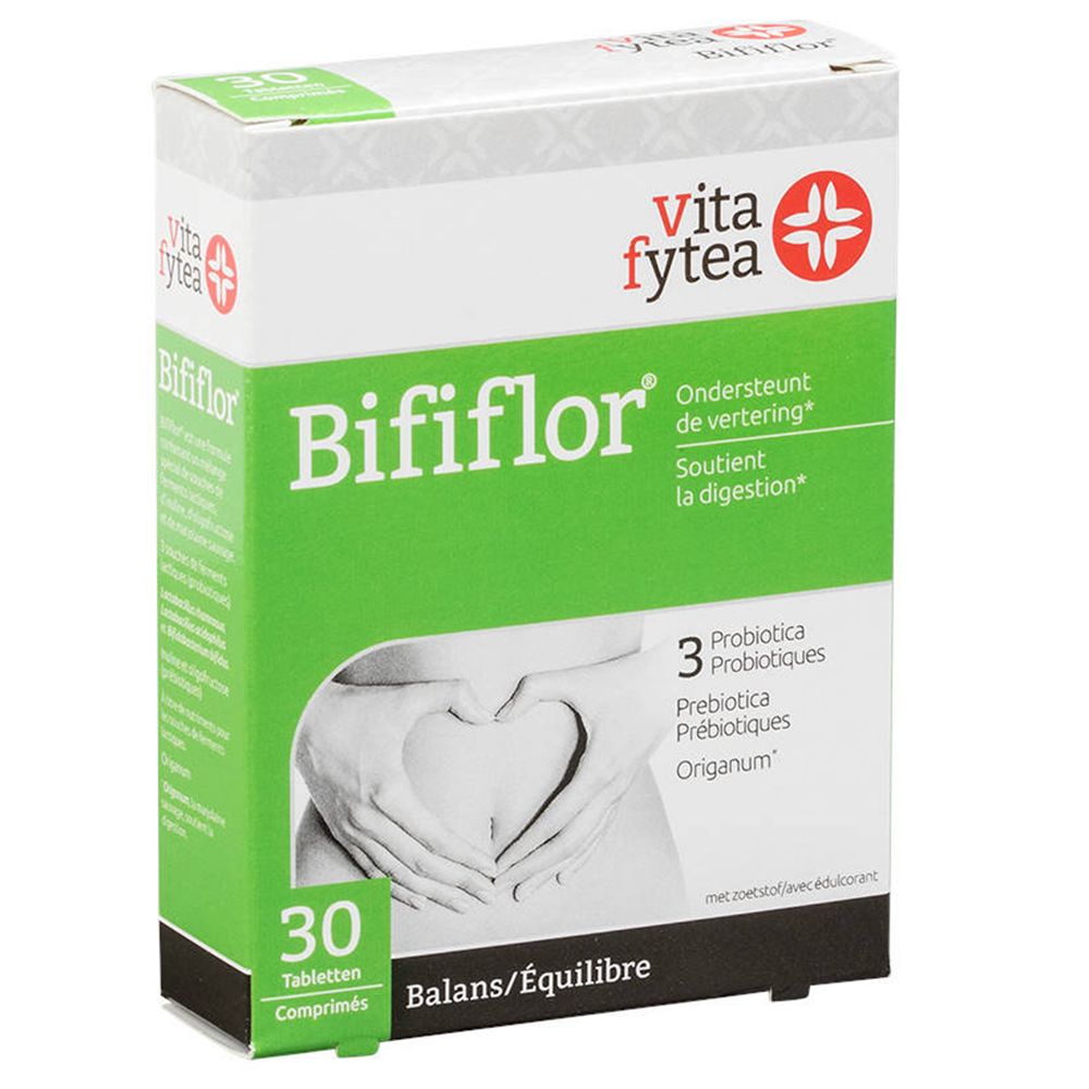 Boîte de comprimés "Bififlor". Design vert et blanc. 30 comprimés. Logo "Vita fytea". Illustration de mains formant un cœur.