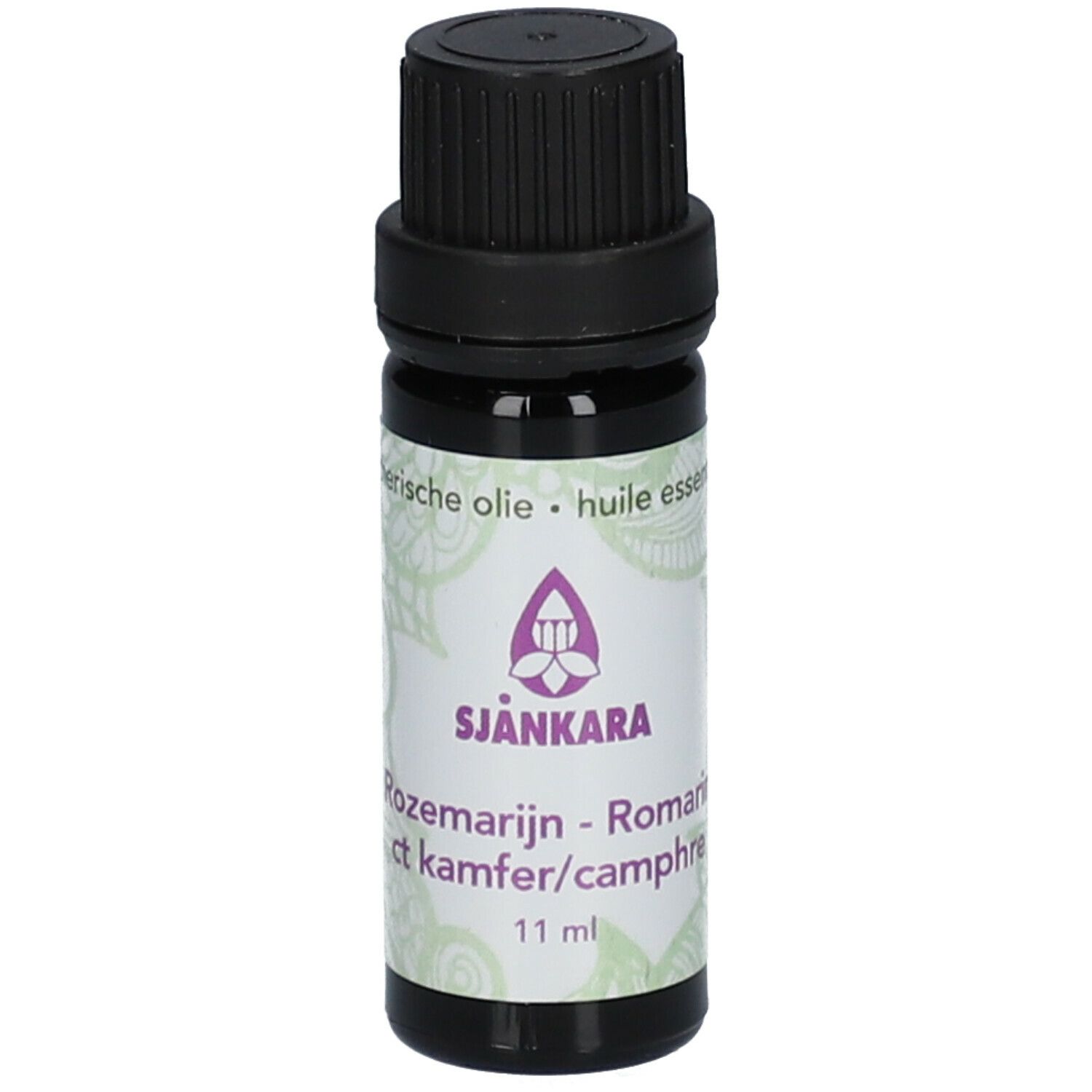 Flacon en verre brun avec bouchon noir. Étiquette: SJANKARA, Romarin, 11 ml.