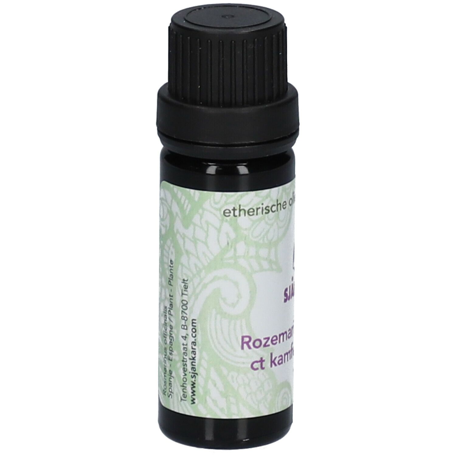 Flacon en verre brun avec bouchon noir. Étiquette: SJANKARA, Romarin, 11 ml.