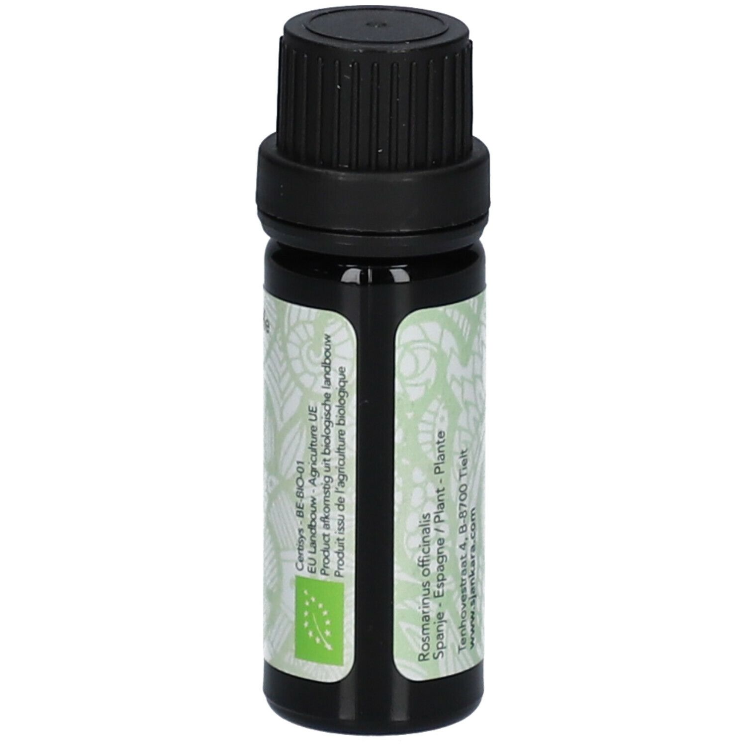 Flacon brun avec bouchon noir. Étiquette: SJANKARA, Romarin, 11 ml. Label bio.