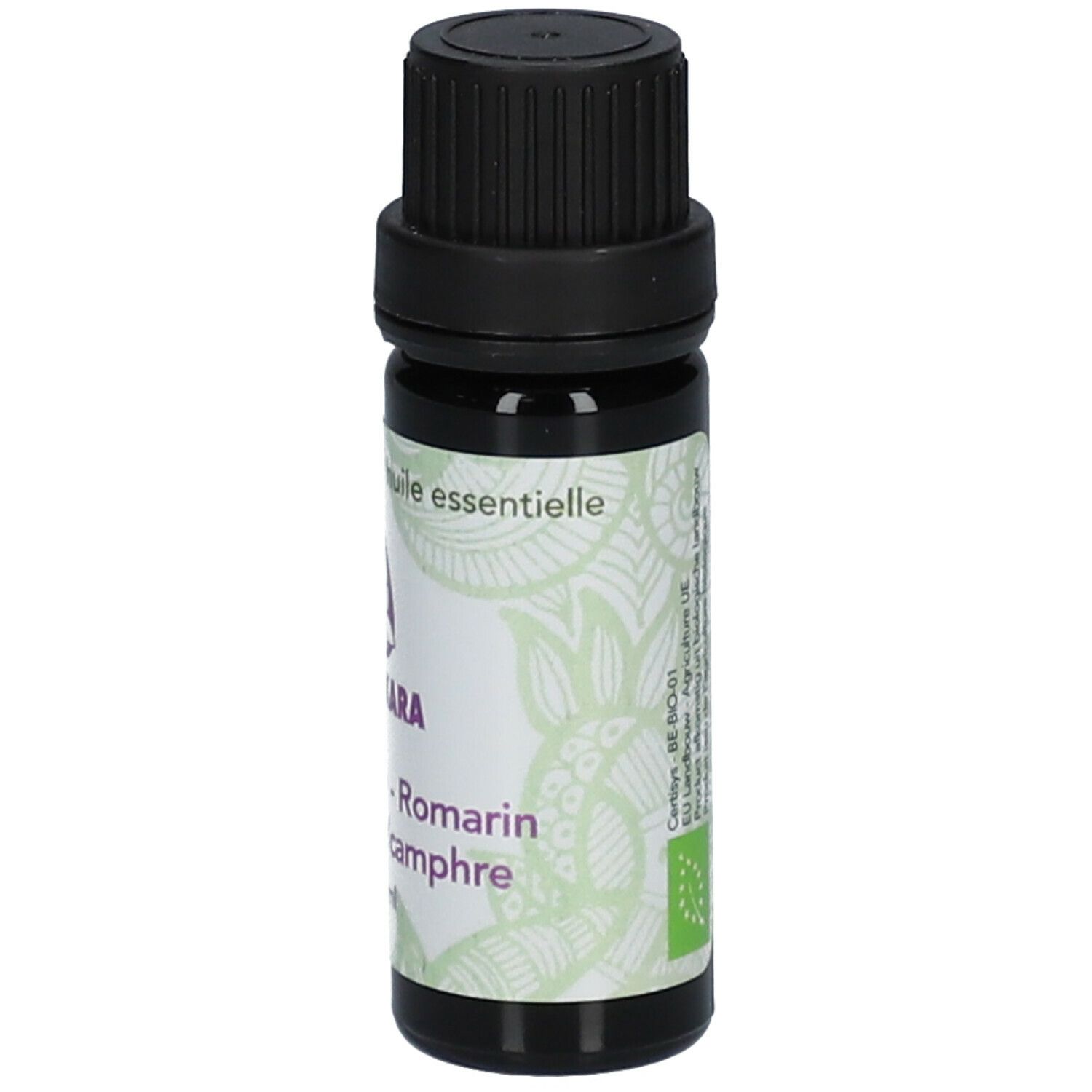 Flacon en verre brun avec bouchon noir. Étiquette: SJANKARA, Romarin, 11 ml.