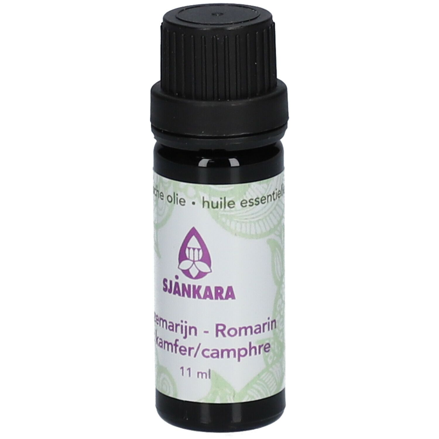 Flacon en verre brun avec bouchon noir. Étiquette: SJANKARA, Romarin, 11 ml.