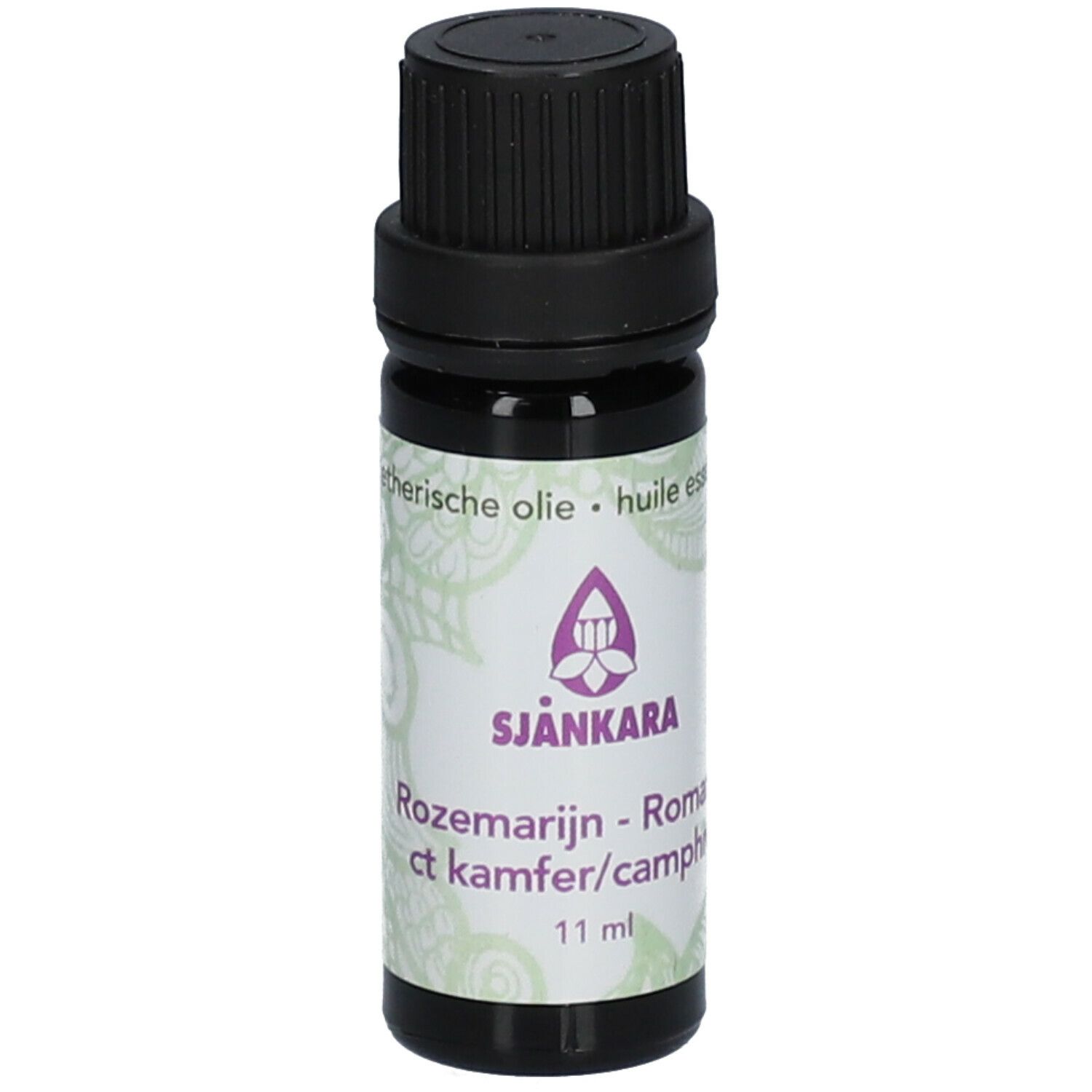 Flacon en verre brun avec bouchon noir. Étiquette: SJANKARA, Romarin, 11 ml.