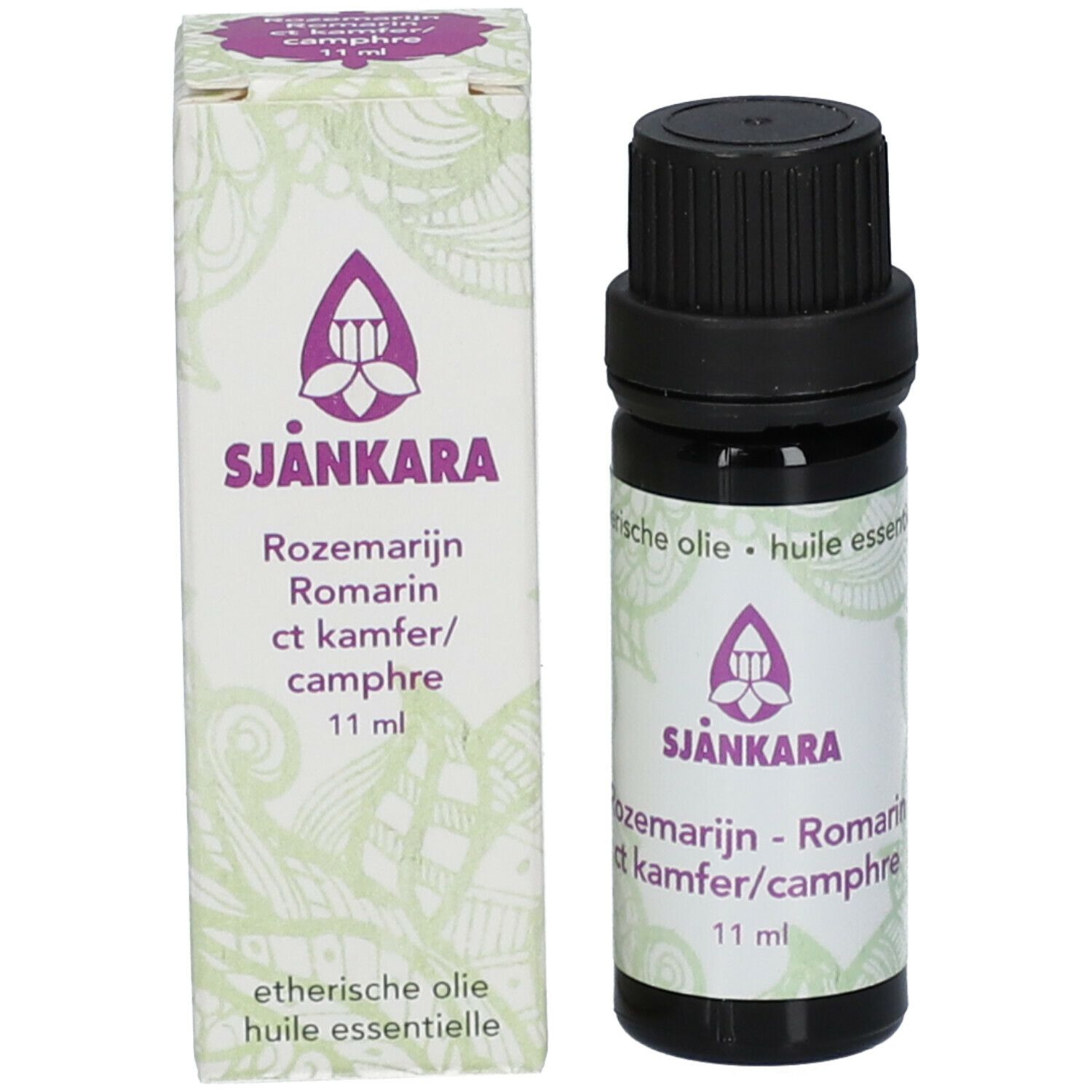 Flacon en verre brun et emballage. Emballage: SJANKARA, Romarin, 11 ml.