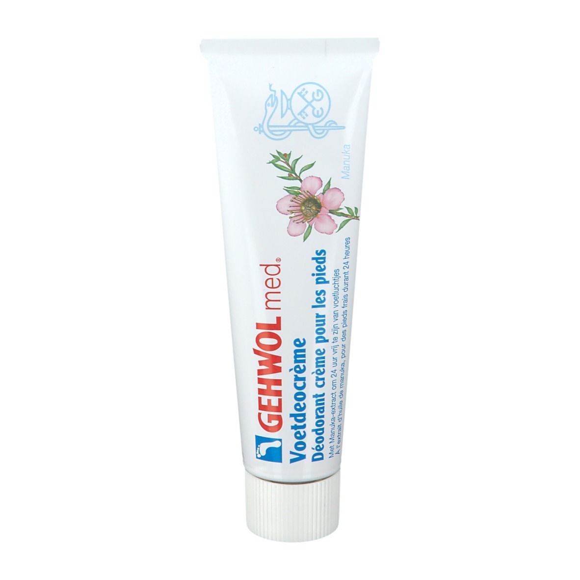 Tube met opschrift: GEHWOL med. Voetdeocrème. Met Manuka-extract. Bloemenillustratie.