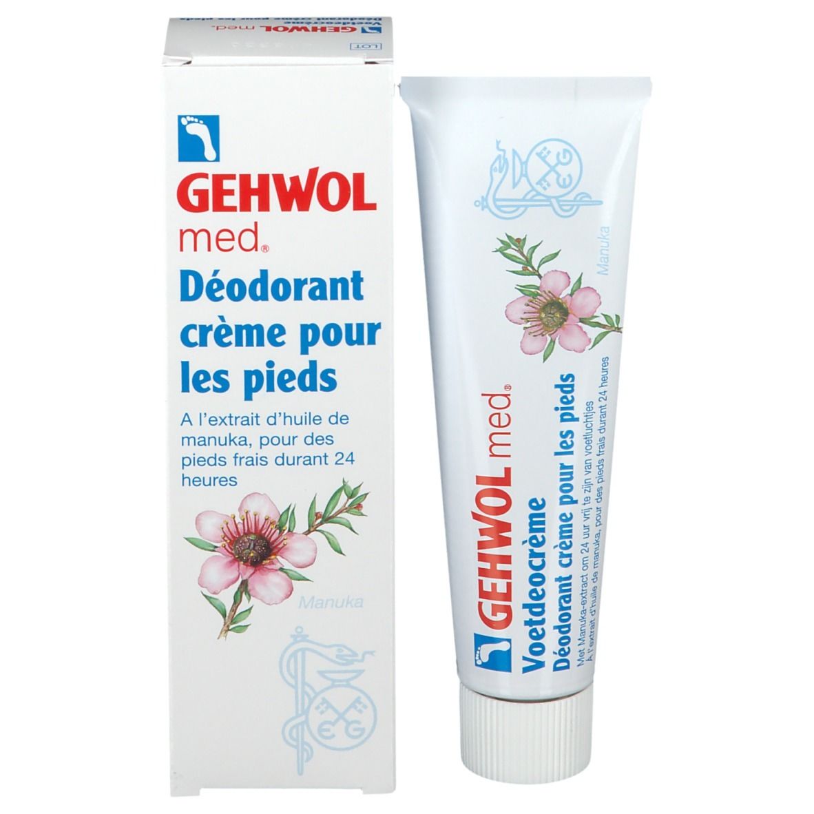 Doos en tube. Opschrift: GEHWOL med. Deodorant crème pour les pieds. Illustratie.