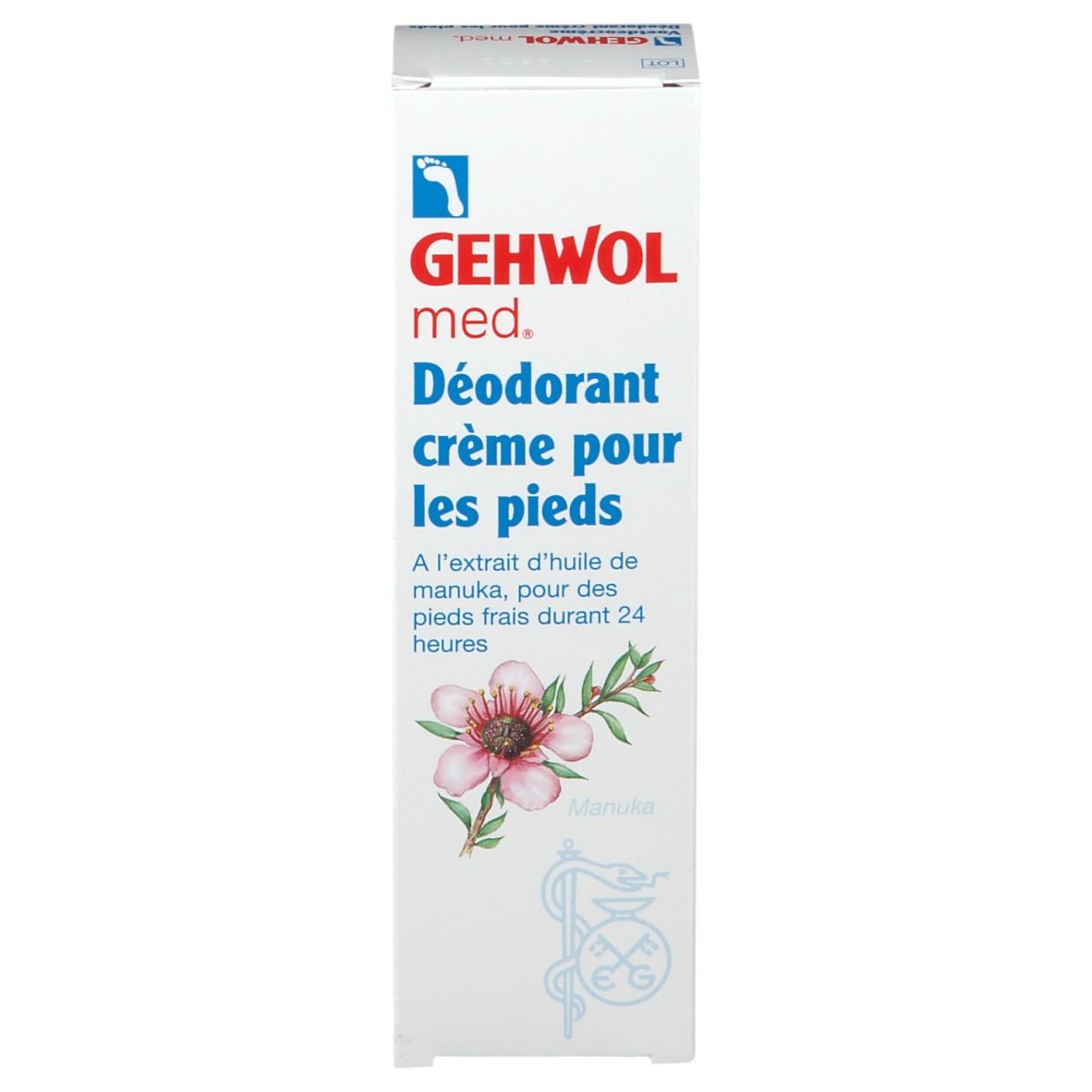 Doos. Opschrift: GEHWOL med. Deodorant crème pour les pieds. Illustratie.