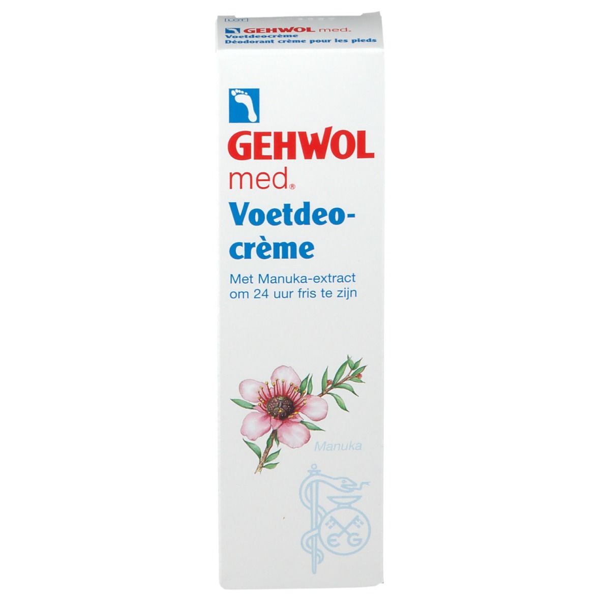 Doos. Opschrift: GEHWOL med. Voetdeocrème. Met Manuka-extract.