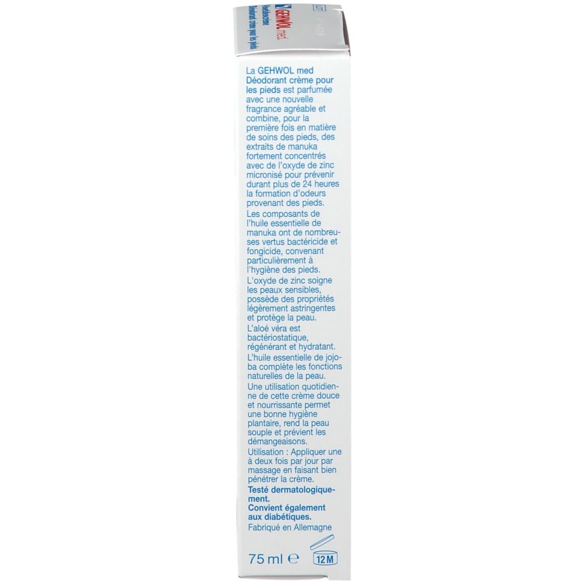 Achterkant van de doos. Tekst in het Frans. Opschrift: 75 ml, 12 M.