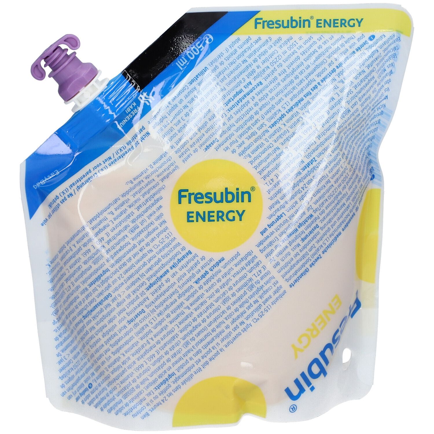 Poche de Fresubin Energy. Emballage transparent avec bouchon violet. Accents jaunes et bleus. Nom du produit et texte.