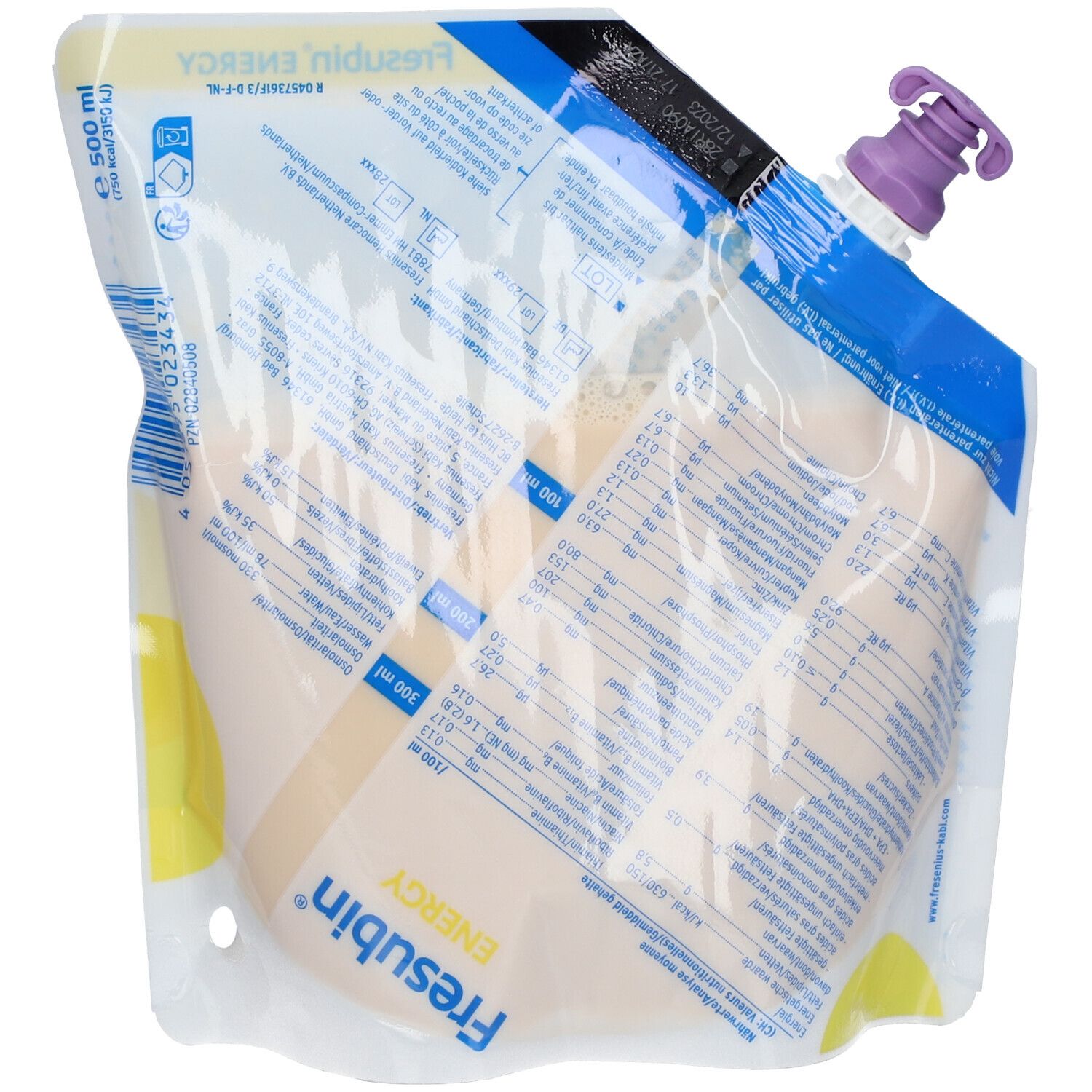 Poche Fresubin Energy. Emballage transparent avec bouchon violet. Accents jaunes et bleus. Nom du produit et texte.