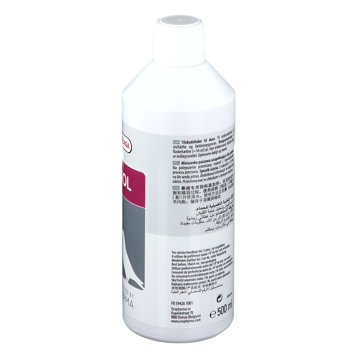 Flacon blanc avec texte. Contient 500 ml. Marque Versele-Laga. Dos avec texte.