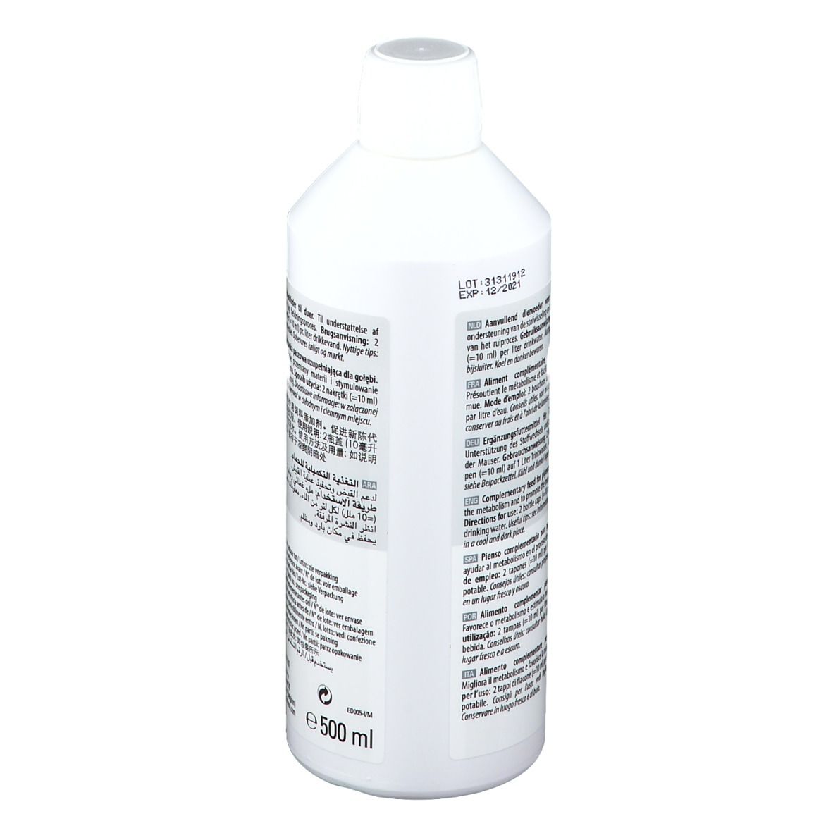 Flacon blanc avec texte. Contient 500 ml. Marque Versele-Laga. Dos avec texte.