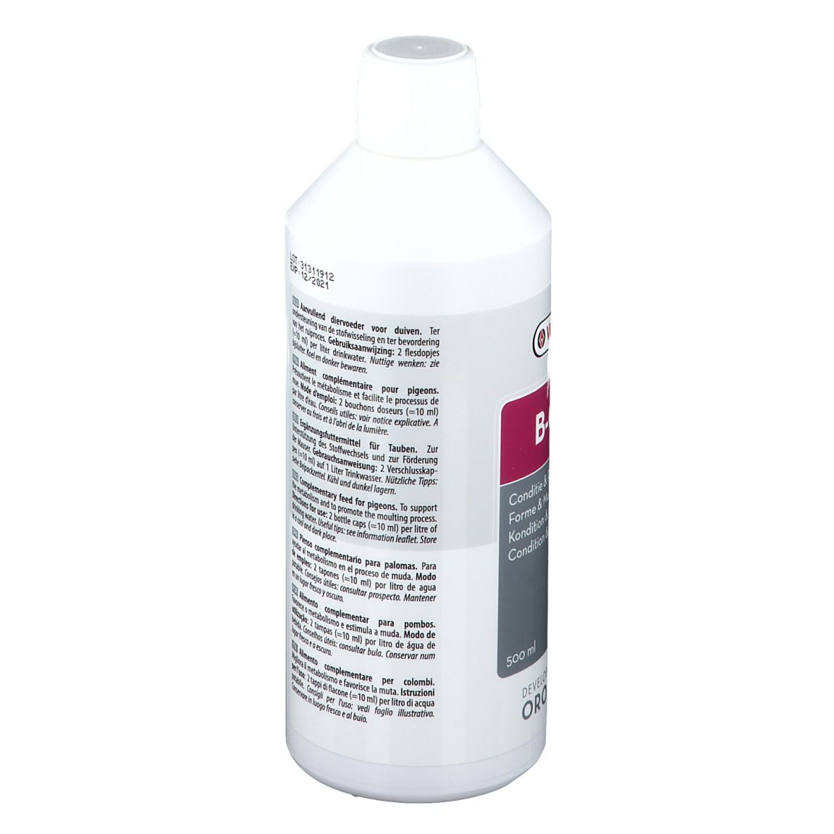 Flacon blanc avec texte. Contient 500 ml. Marque Versele-Laga. Dos avec texte.