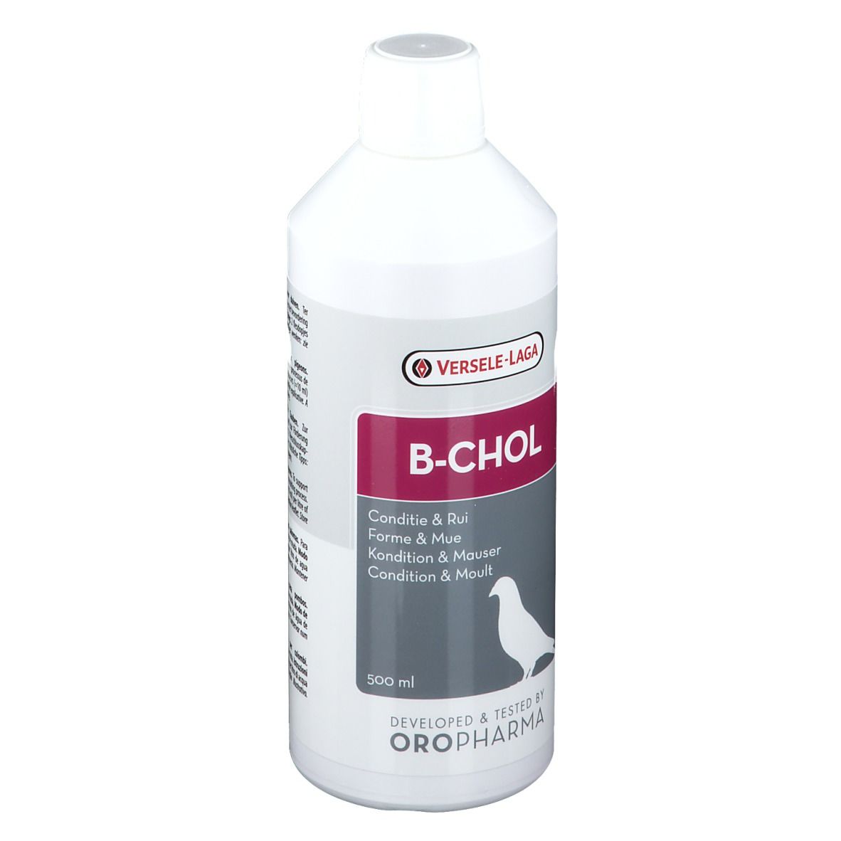 Flacon blanc B-CHOL de 500 ml. Marque Versele-Laga. Étiquette avec silhouette d'oiseau.