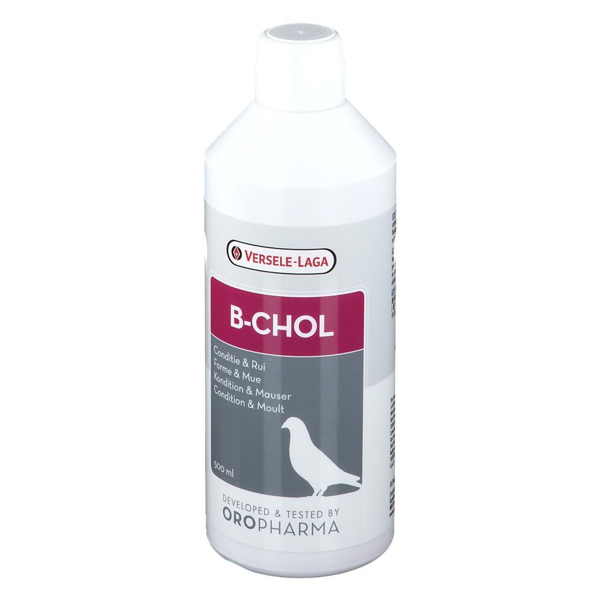 Flacon blanc B-CHOL de 500 ml. Marque Versele-Laga. Étiquette avec silhouette d'oiseau.