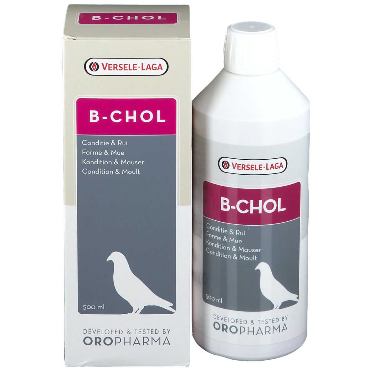 Flacon et emballage B-CHOL. 500 ml. Marque Versele-Laga. Silhouette d'oiseau.