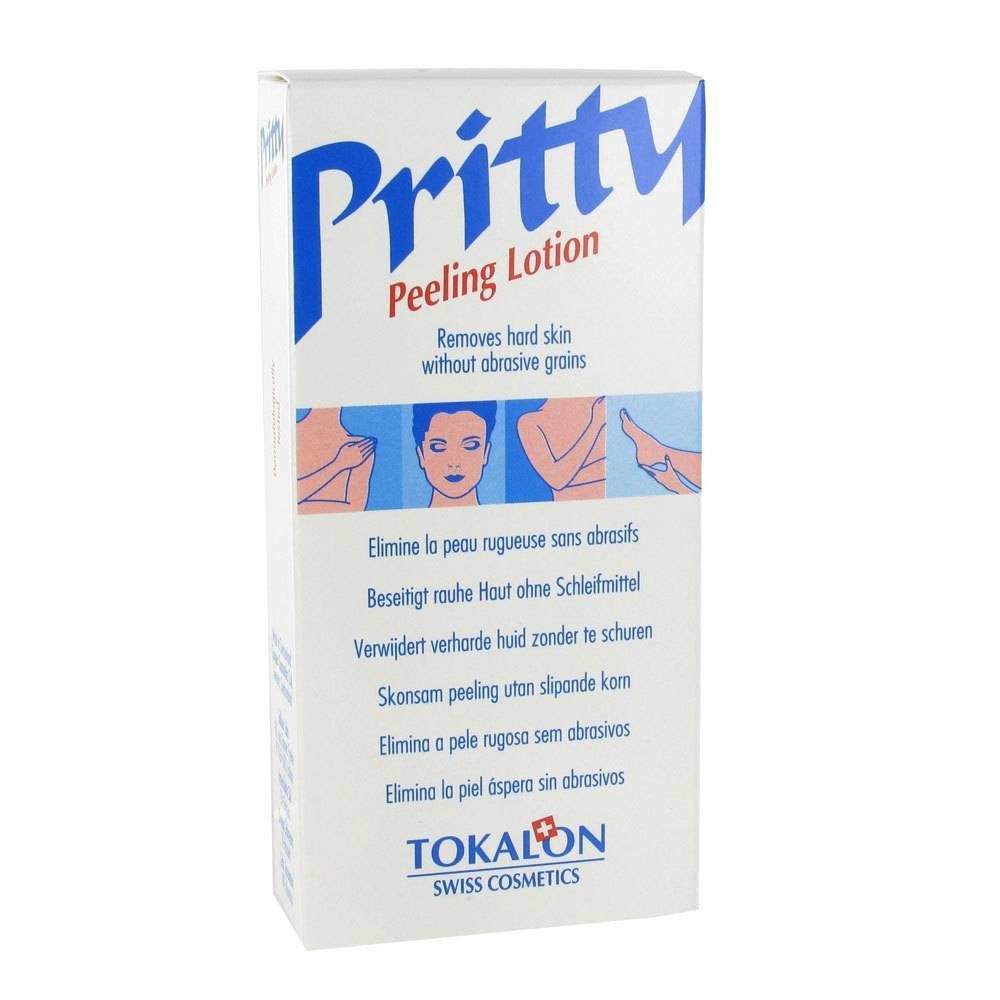 Boîte blanche avec logo "Pritty" bleu. Texte: Peeling Lotion. Élimine la peau rugueuse sans abrasifs. Marque: Tokalon Swiss Cosmetics.