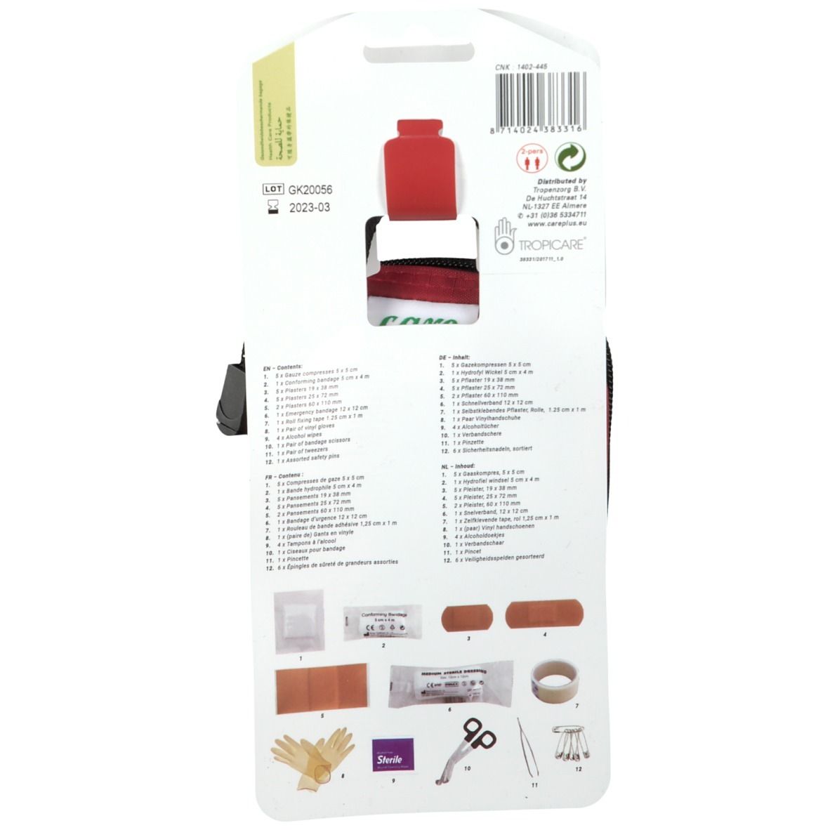 Dos de la trousse de premiers secours. Contient une liste du contenu, y compris des pansements, des gants et des ciseaux.