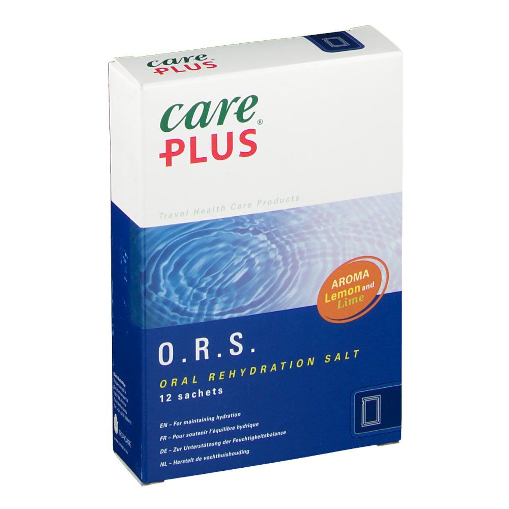 Boîte de Care Plus O.R.S. Sels de réhydratation orale. Emballage bleu et blanc avec nom du produit et 12 sachets. Arôme citron et lime.