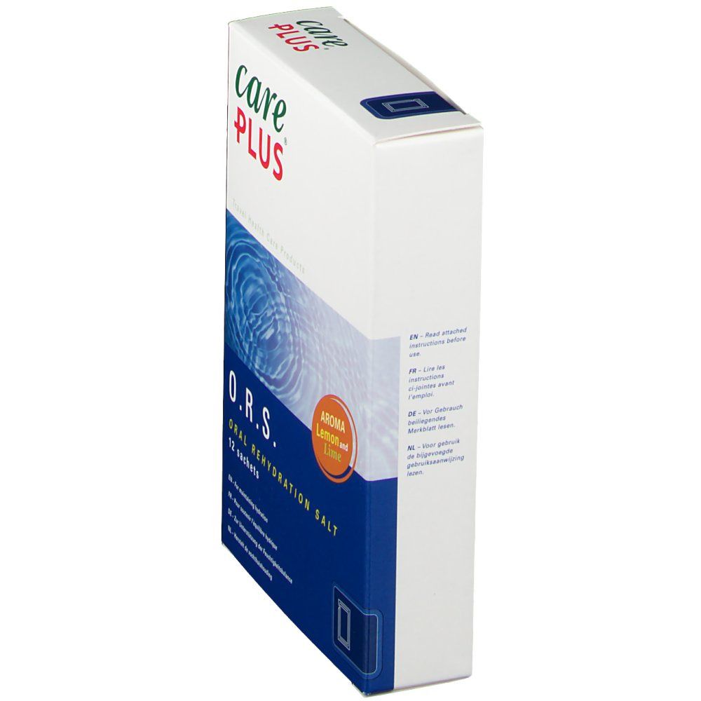 Emballage incliné de Care Plus O.R.S. Sels de réhydratation orale. Emballage bleu et blanc avec nom du produit et 12 sachets. Arôme citron et lime.
