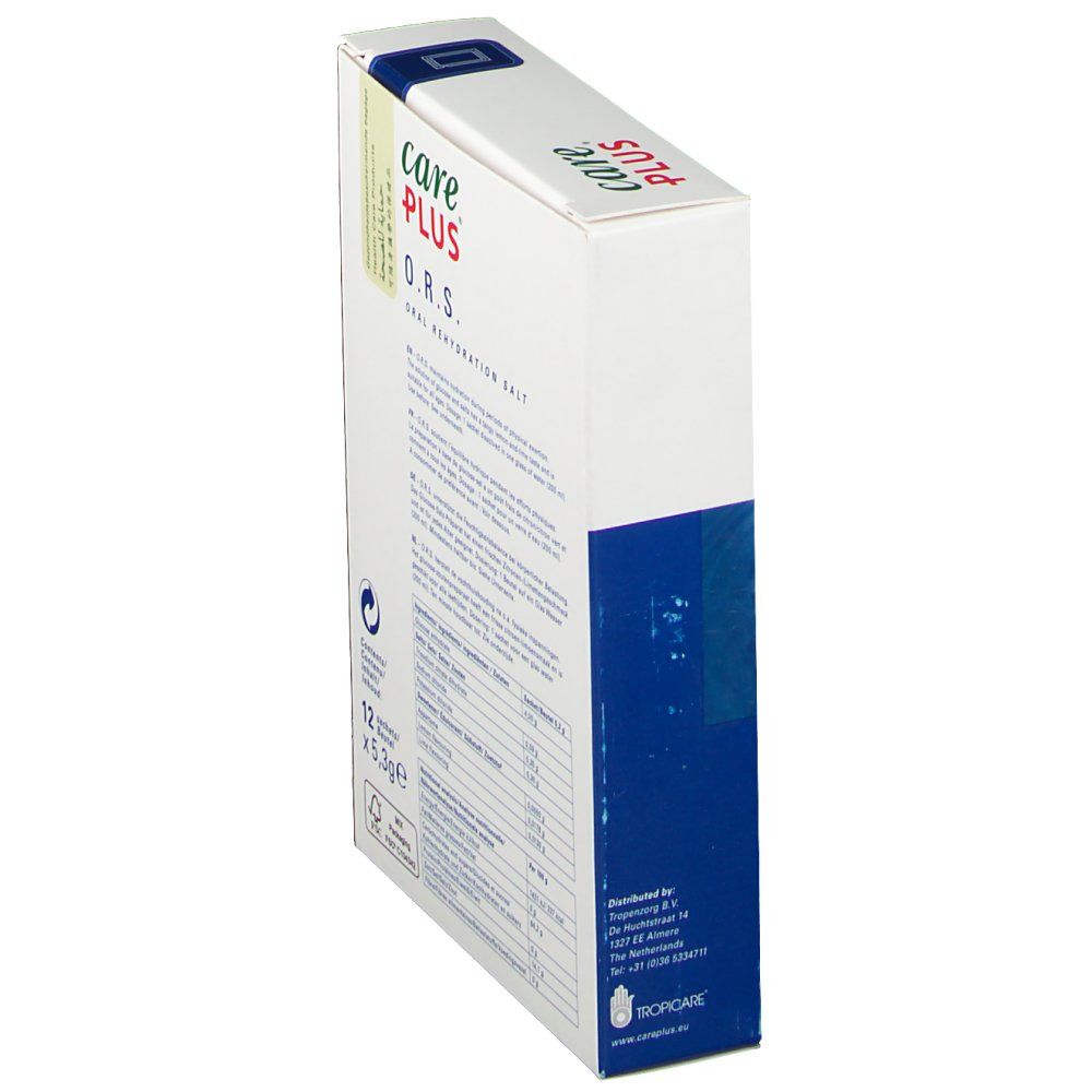 Emballage incliné de Care Plus O.R.S. Sels de réhydratation orale. Dos avec informations et tableau nutritionnel. 12 sachets, 5,3g.