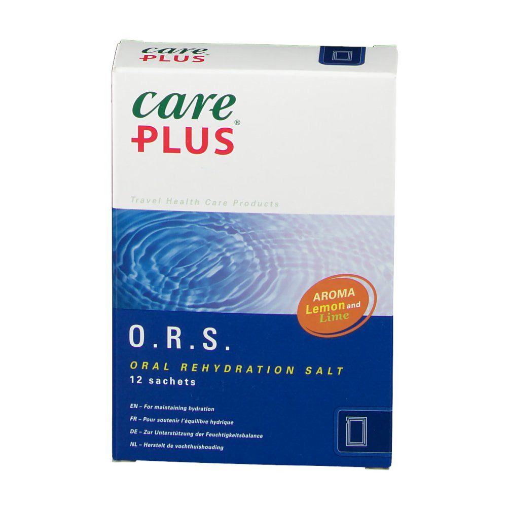 Boîte de Care Plus O.R.S. Sels de réhydratation orale. Emballage bleu et blanc avec nom du produit et 12 sachets. Arôme citron et lime.