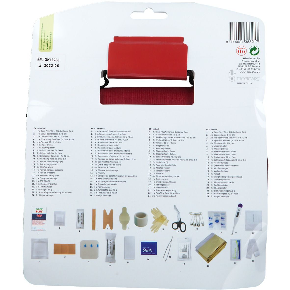 Rückseite der Care Plus Erste-Hilfe-Tasche. Enthält eine Auflistung von Inhalten und Zubehör. Mit Barcode und Logo.