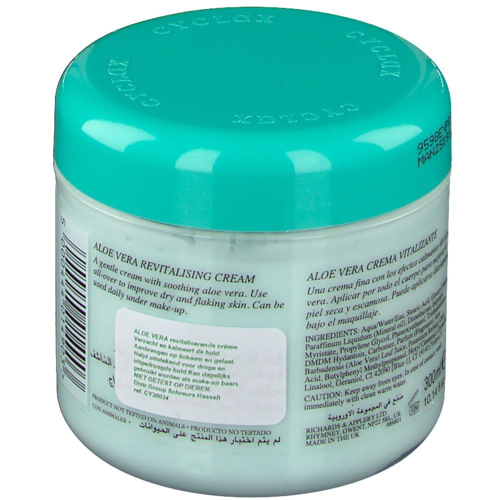 Creme-Dose, Rückseite. Aufschrift: Aloe Vera Revitalising Cream. Text und Inhaltsstoffe. Aloe Vera-Illustration.