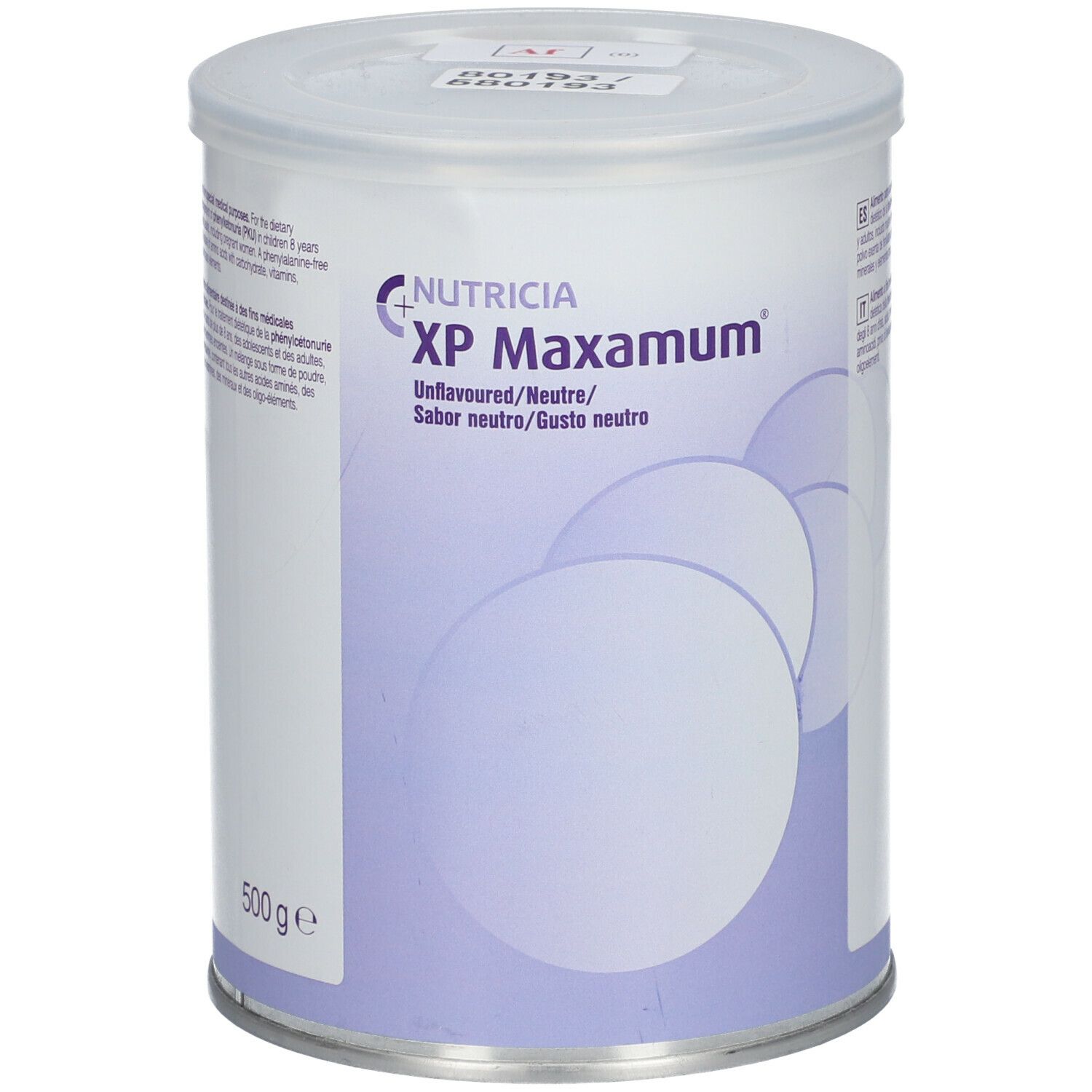 Boîte Nutricia XP Maxamum, goût neutre. 500g. Boîte avec couvercle, éléments violets et blancs. Texte multilingue.