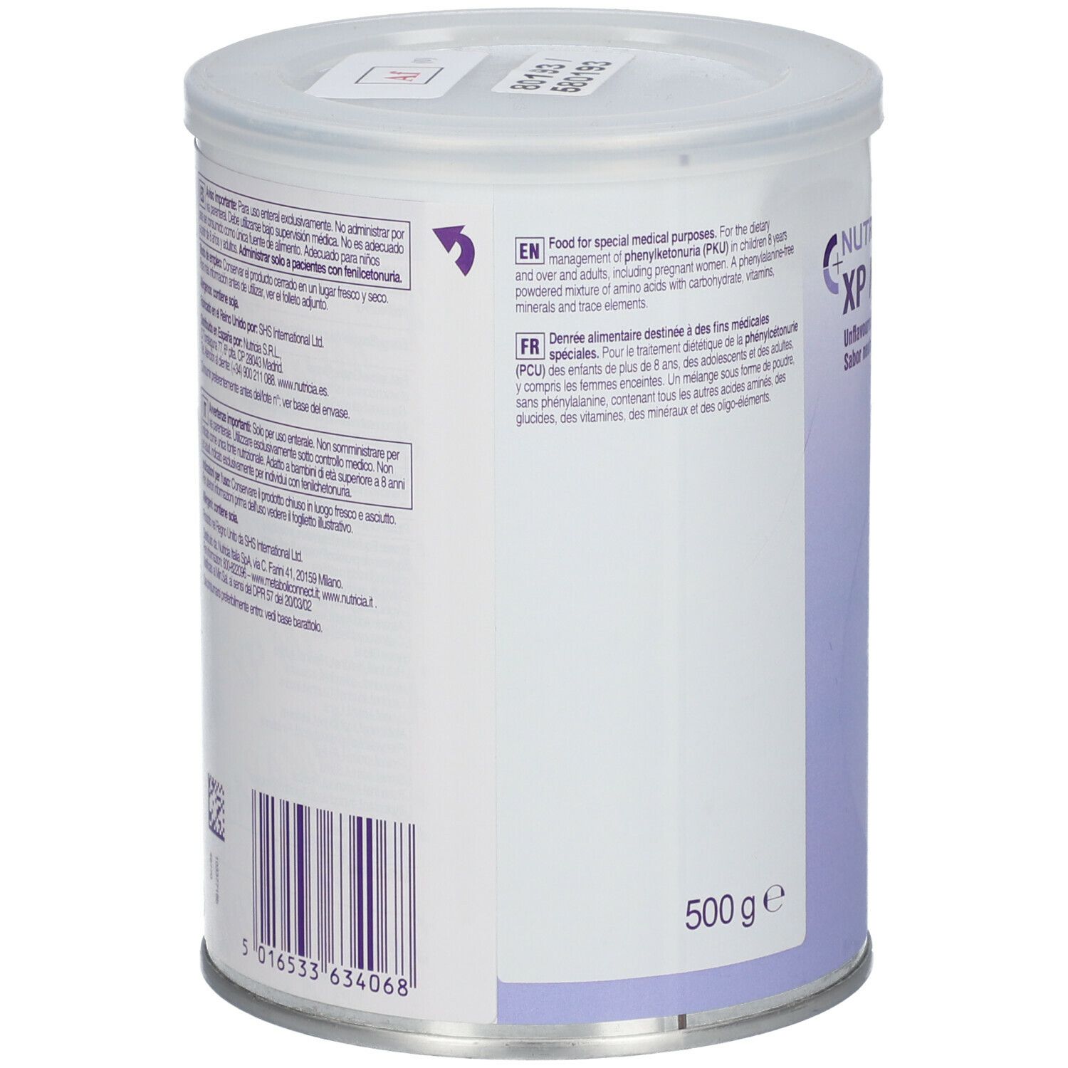 Dos de la boîte Nutricia XP Maxamum. Texte multilingue, incluant informations d'utilisation et ingrédients. 500g.