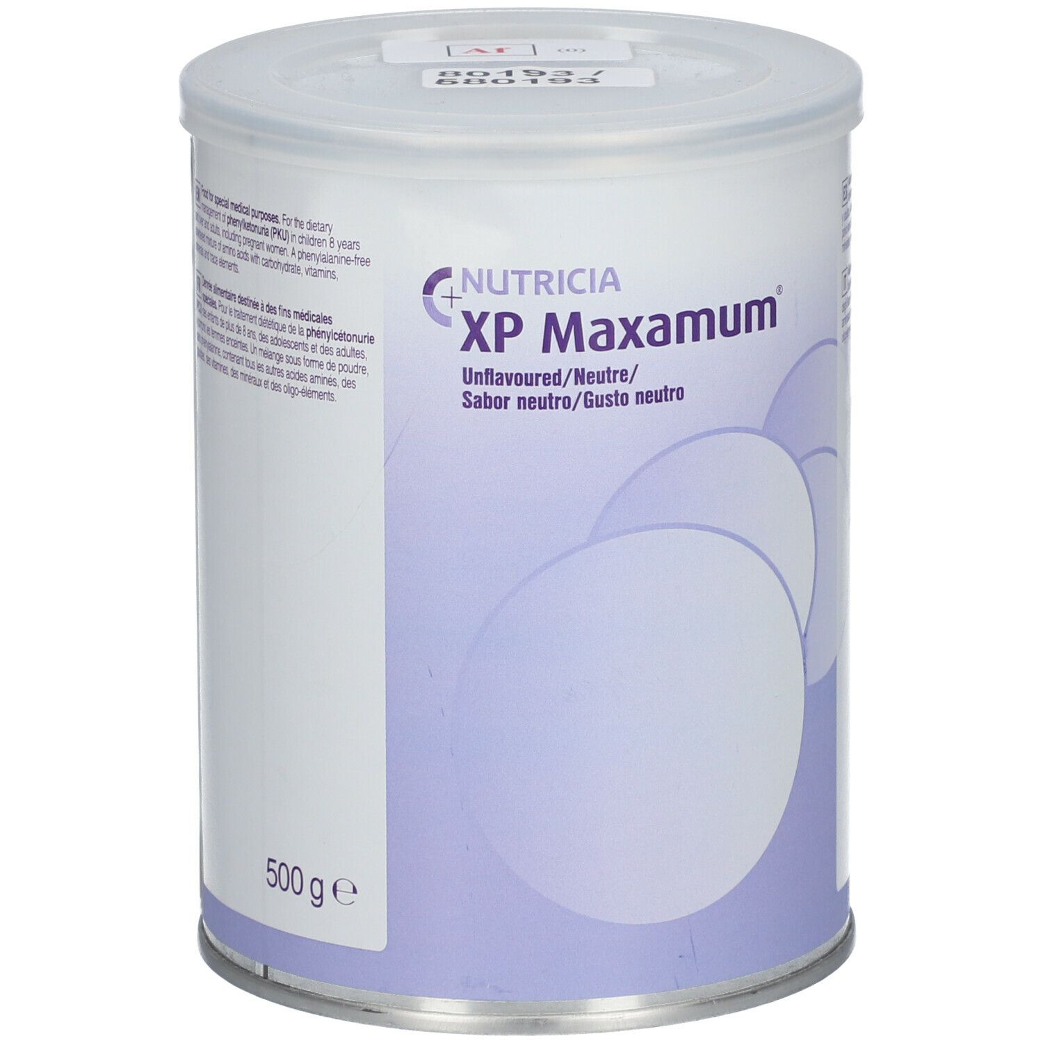 Boîte Nutricia XP Maxamum, goût neutre. 500g. Boîte avec couvercle, éléments violets et blancs. Texte multilingue.