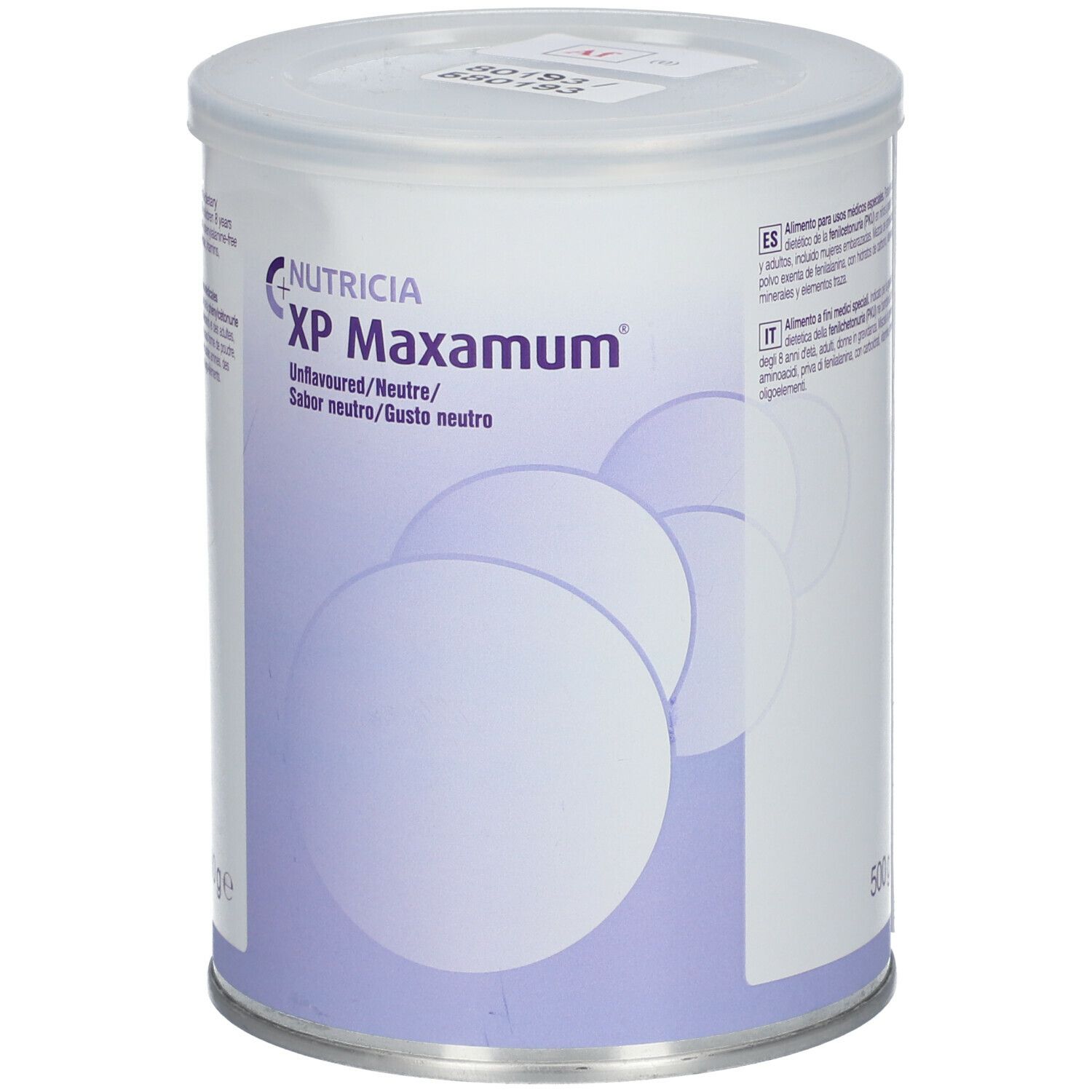 Boîte Nutricia XP Maxamum, goût neutre. 500g. Boîte avec couvercle, éléments violets et blancs. Texte multilingue.