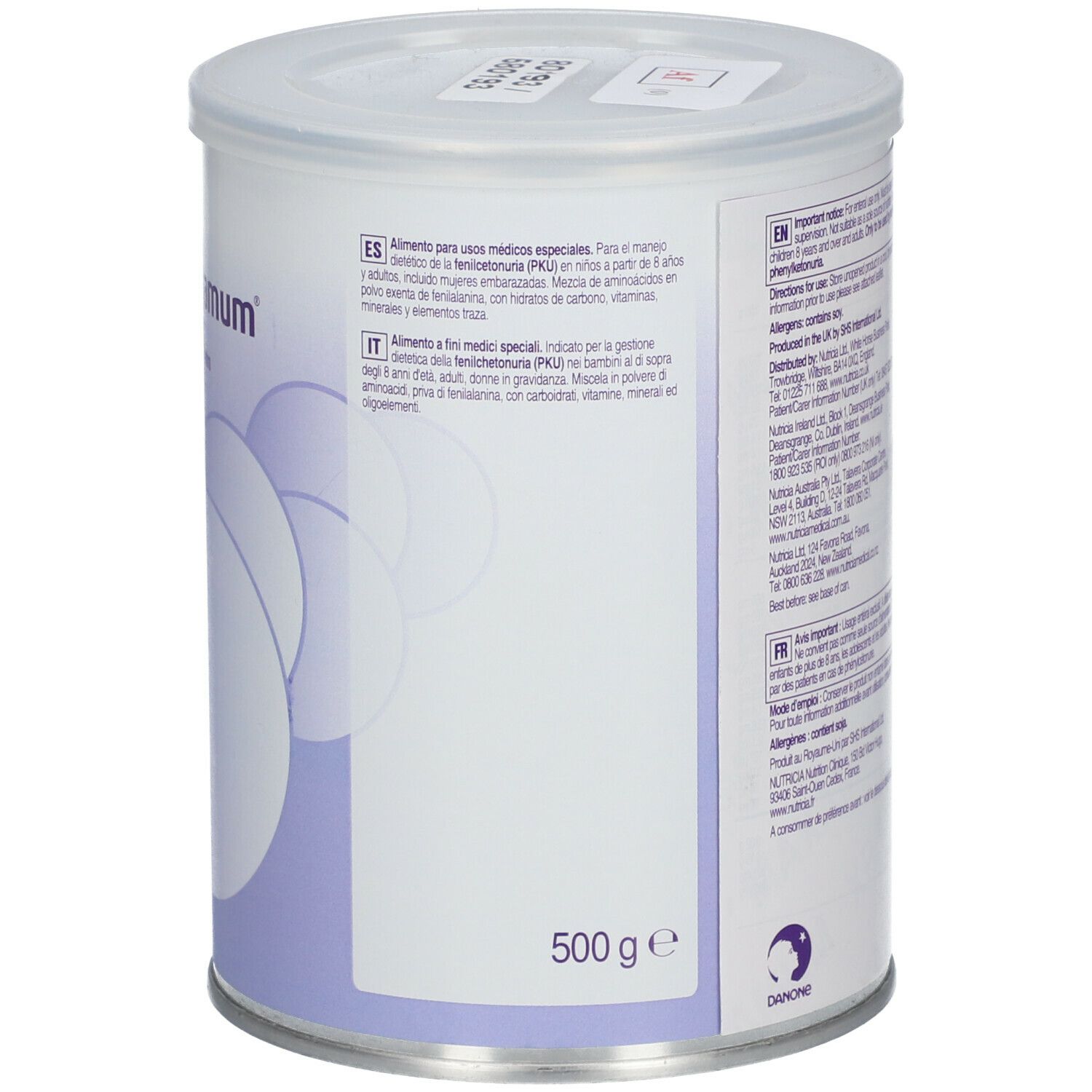 Dos de la boîte Nutricia XP Maxamum. Texte multilingue, incluant informations d'utilisation et ingrédients. 500g.