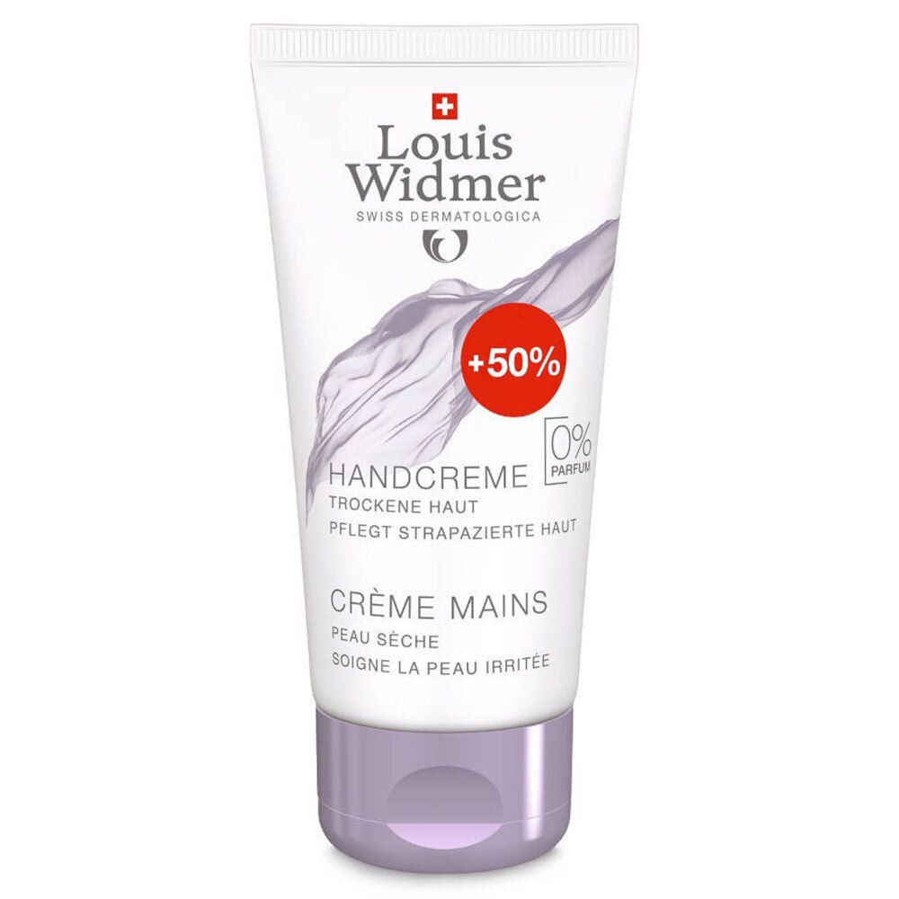 Tube de crème avec nom et logo du produit. Texte: Handcreme, peau sèche, 0% parfum. Autocollant rouge: +50%. Bouchon violet.