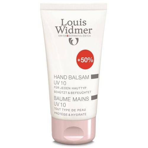 Tube de baume pour les mains blanc avec bouchon rose. Inscription: Louis Widmer, Hand Balsam UV 10, +50%.