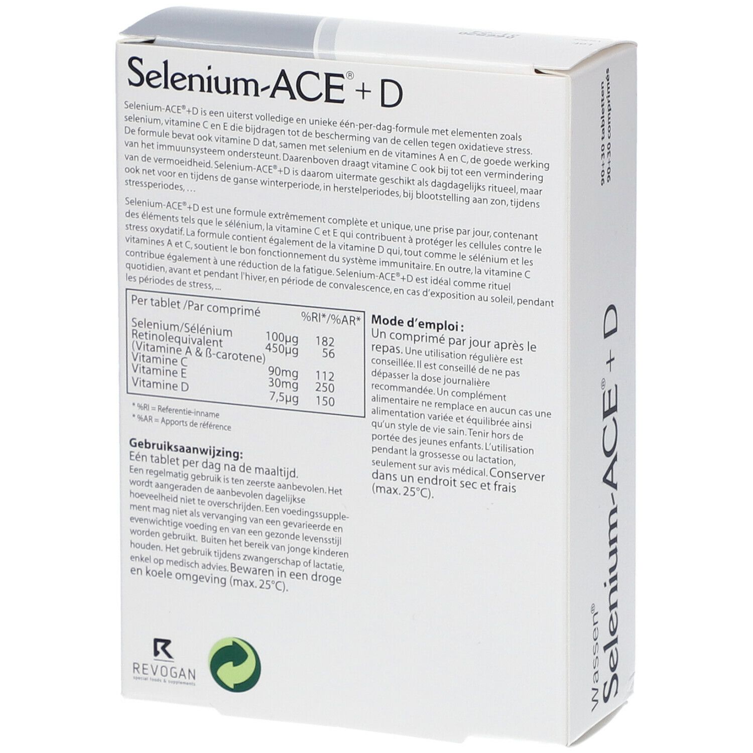 Dos de la boîte Wassen Selenium-ACE + D. Texte sur les ingrédients, l'utilisation et les avertissements. Marque Revogan.