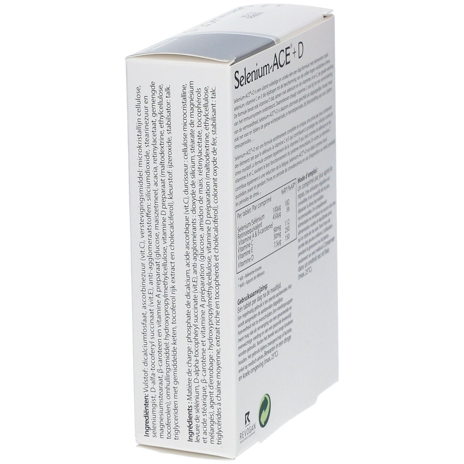 Côté de la boîte Wassen Selenium-ACE + D. Texte sur les ingrédients. Marque Revogan.