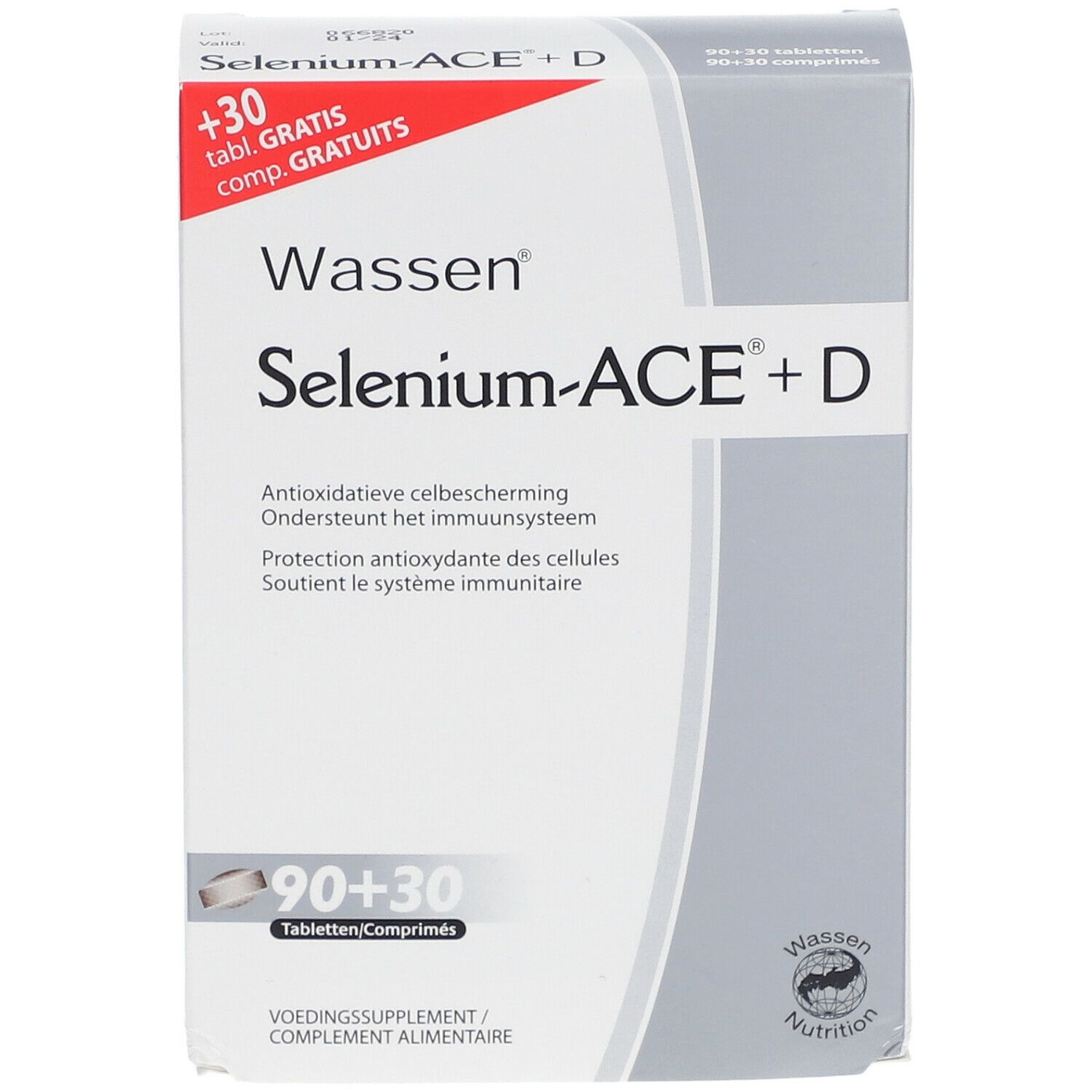 Boîte Wassen Selenium-ACE + D. Contient 90+30 comprimés. Inscription: Protection antioxydante des cellules, Soutient le système immunitaire.