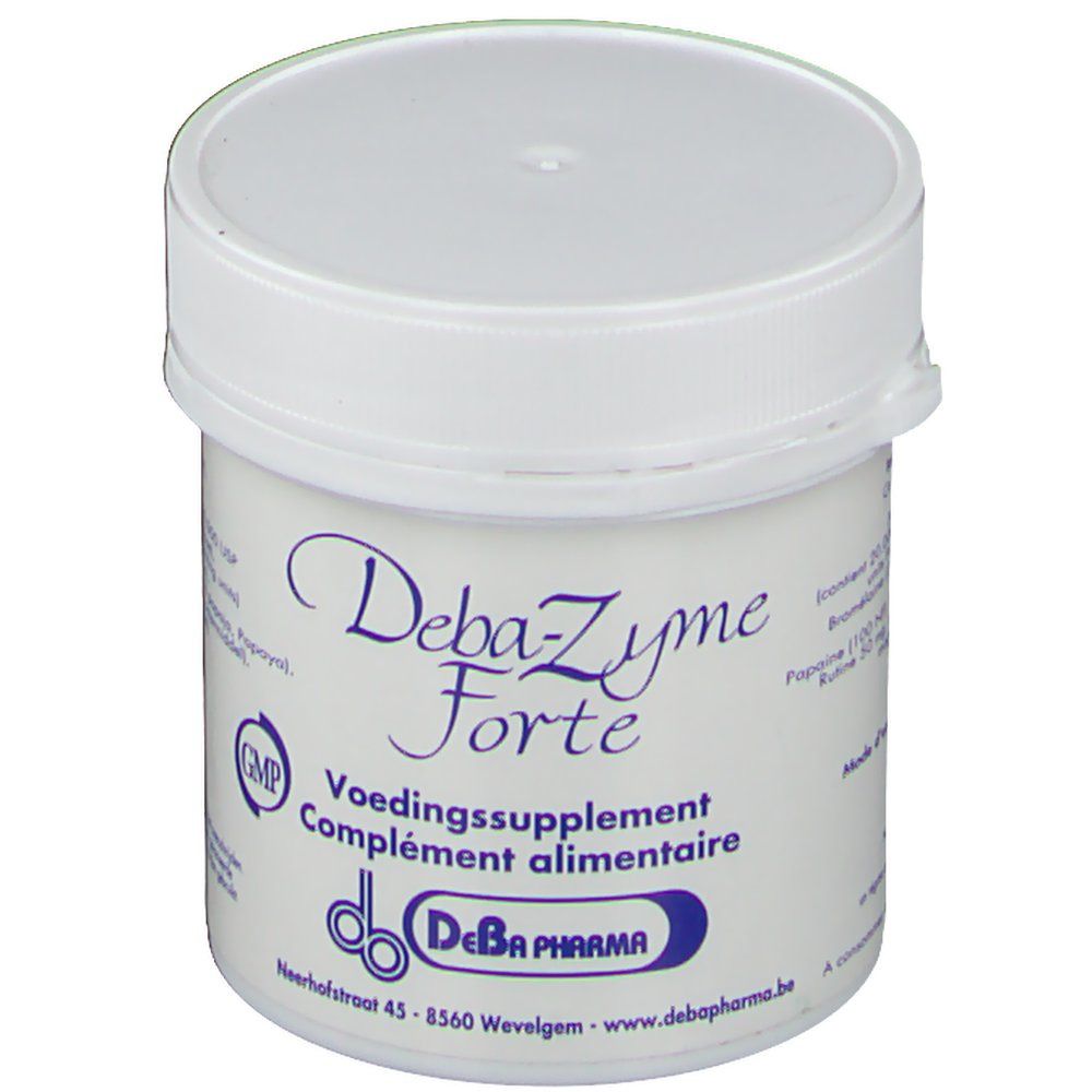 Boîte blanche avec "Deba-Zyme Forte". Label GMP. Logo DeBa Pharma.