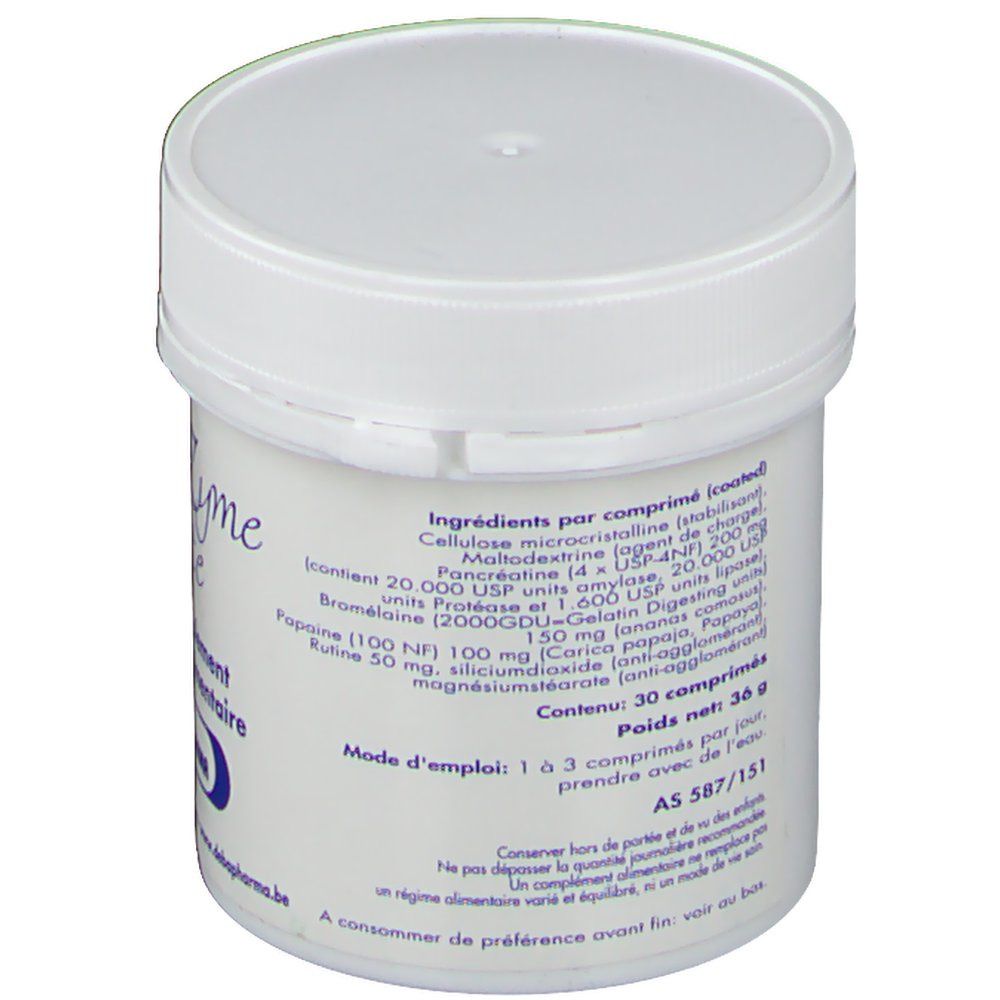 Boîte blanche avec "Deba-Zyme Forte". 30 comprimés. Ingrédients.