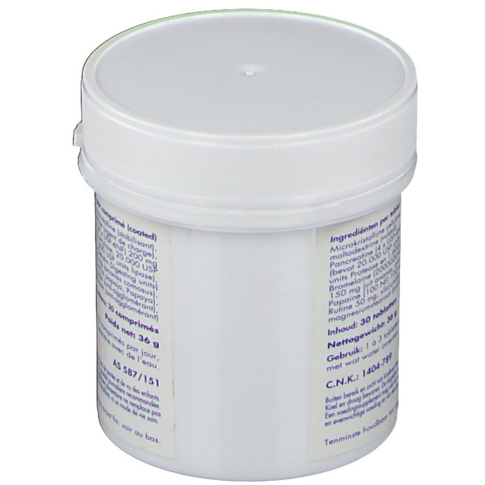 Boîte blanche avec "Deba-Zyme Forte". 30 comprimés. Dos.
