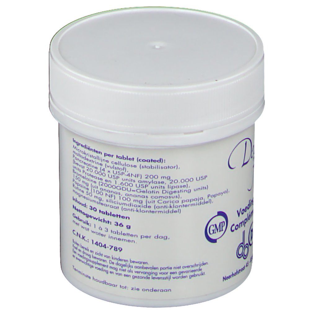 Boîte blanche avec "Deba-Zyme Forte". 30 comprimés. Ingrédients.