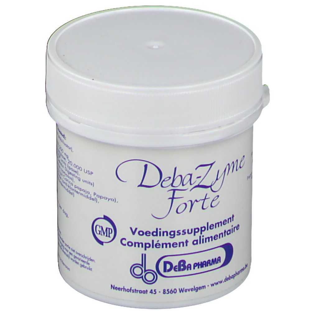 Boîte blanche avec "Deba-Zyme Forte". Label GMP. Logo DeBa Pharma.